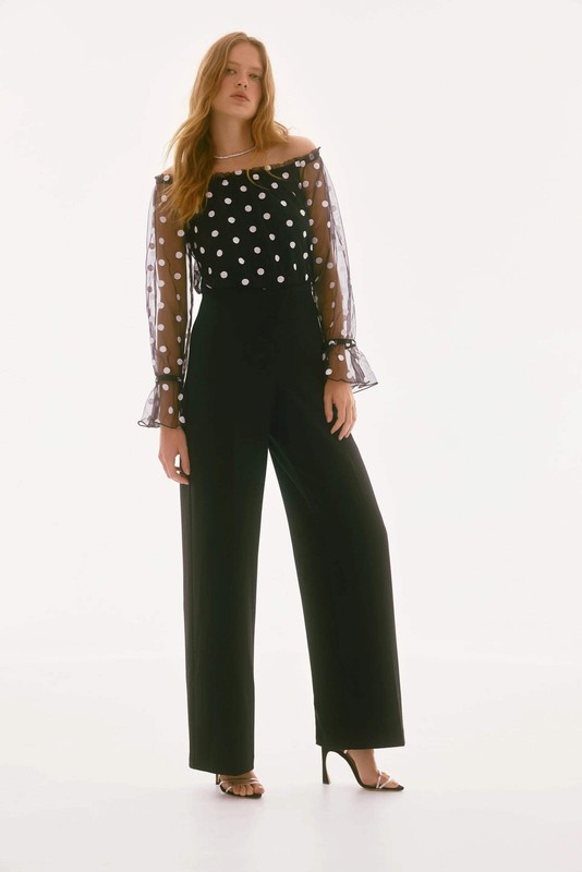 Joseph Ribkoff Black/White Polka Dot Off-Shoulder Jumpsuit 251708