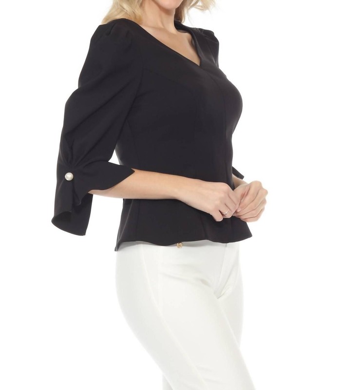 Joseph Ribkoff Pearl Puff Sleeve V-Neck Twill Peplum Top Size 8 (UK 10)