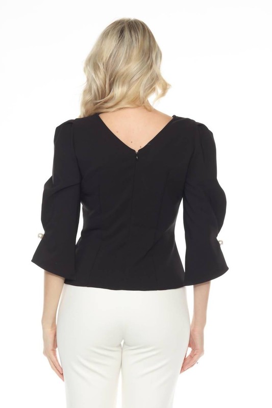 Joseph Ribkoff Pearl Puff Sleeve V-Neck Twill Peplum Top Size 8 (UK 10)