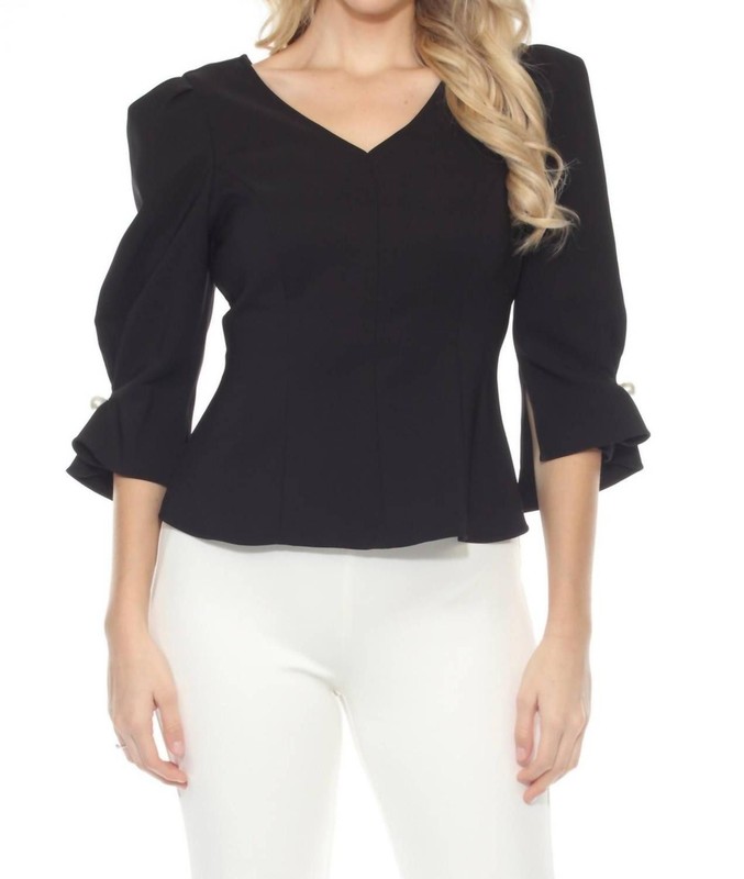 Joseph Ribkoff Pearl Puff Sleeve V-Neck Twill Peplum Top Size 8 (UK 10)