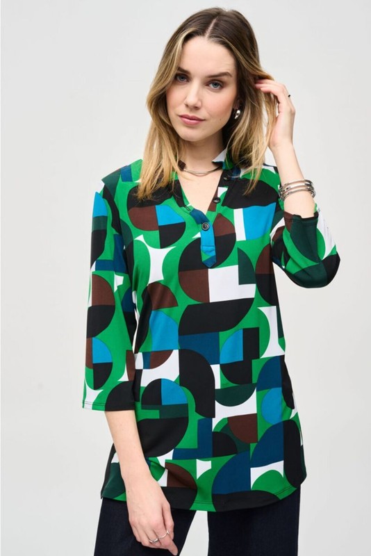 Joseph Ribkoff Vanilla/Multi Geometric Print Mandarin Collar Top 243186