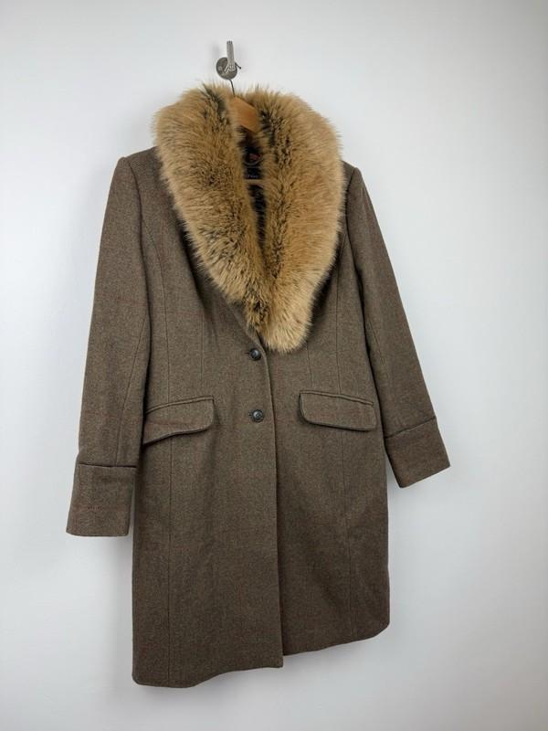 Joules Tweed Jacket Size UK 14 Green Wool Long Blazer Coat Langley Country Fur