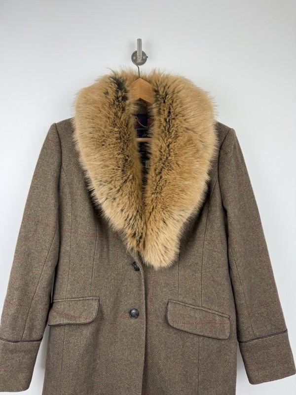 Joules Tweed Jacket Size UK 14 Green Wool Long Blazer Coat Langley Country Fur
