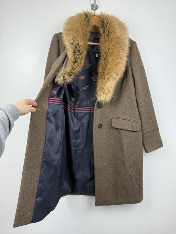 Joules Tweed Jacket Size UK 14 Green Wool Long Blazer Coat Langley Country Fur