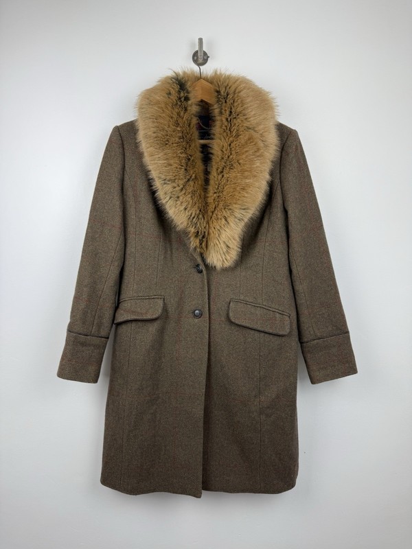Joules Tweed Jacket Size UK 14 Green Wool Long Blazer Coat Langley Country Fur