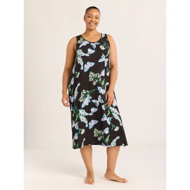 Joyspun Women 2X 18W-20W Sleeveless Knit Midi Chemise Black Butterfly Floral