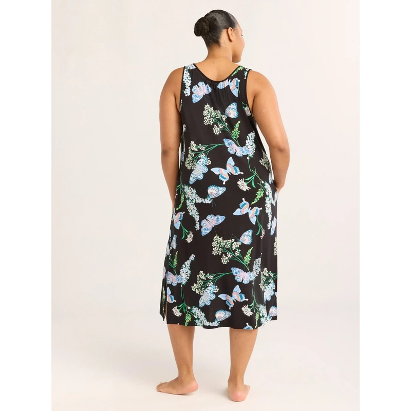 Joyspun Women 2X 18W-20W Sleeveless Knit Midi Chemise Black Butterfly Floral
