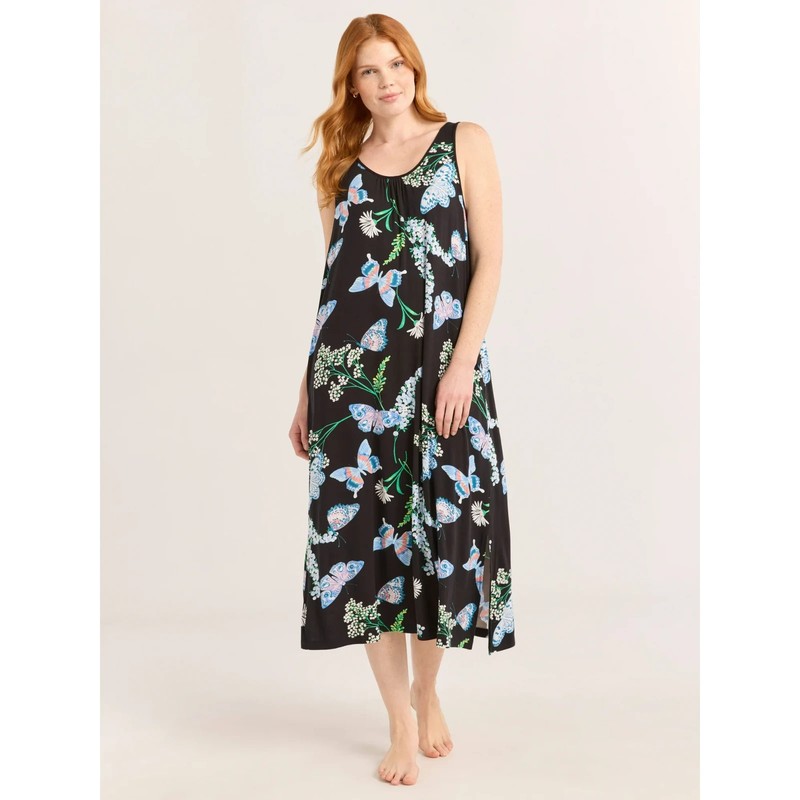 Joyspun Women 2X 18W-20W Sleeveless Knit Midi Chemise Black Butterfly Floral