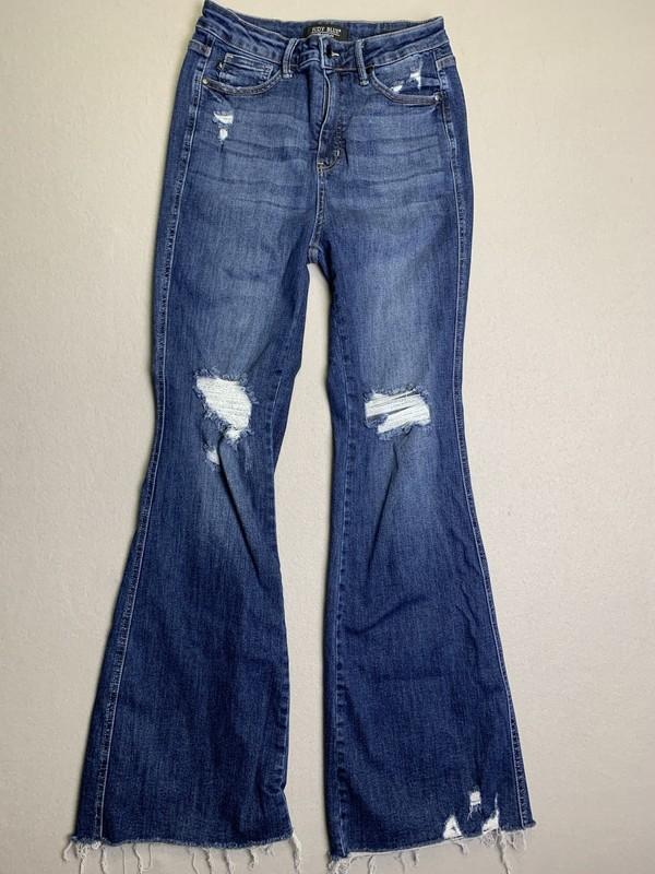 Judy Blue Jeans Women’s Sz 9/29 Blue Flare Distressed Raw Hem Western Cowgirl