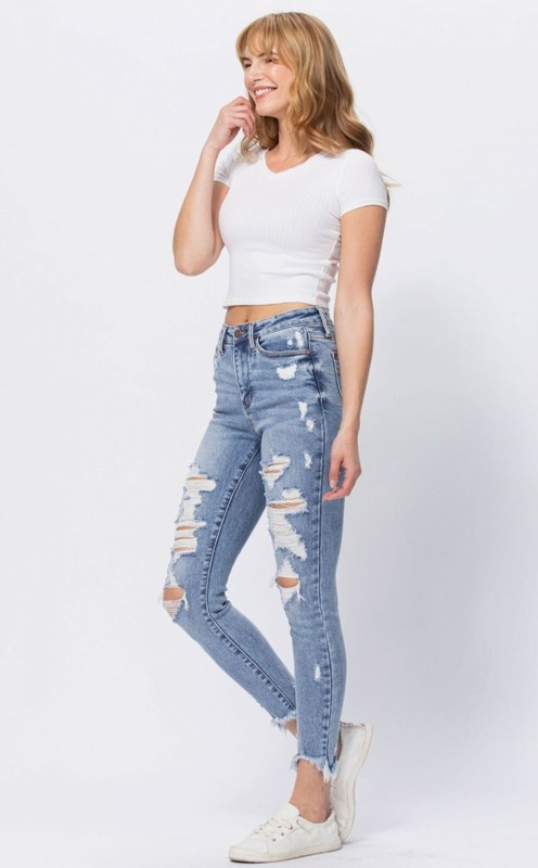 Judy Blue Skinny Hi-Rise Destroyed Shark Hem Jeans