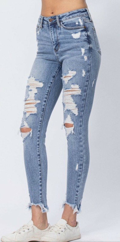 Judy Blue Skinny Hi-Rise Destroyed Shark Hem Jeans