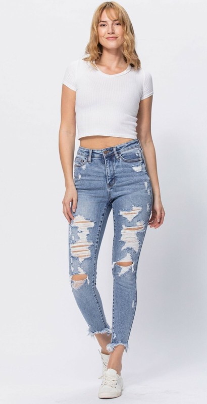 Judy Blue Skinny Hi-Rise Destroyed Shark Hem Jeans