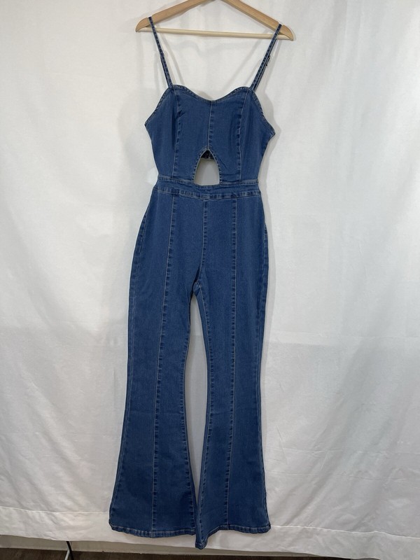 Jumpsuit Women M Blue Flare Denim Disco Retro 70s Diva Cut Out Sexy Bell Bottom