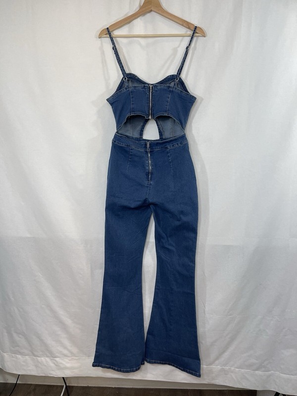 Jumpsuit Women M Blue Flare Denim Disco Retro 70s Diva Cut Out Sexy Bell Bottom
