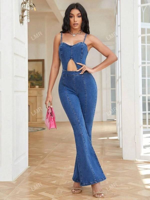 Jumpsuit Women M Blue Flare Denim Disco Retro 70s Diva Cut Out Sexy Bell Bottom