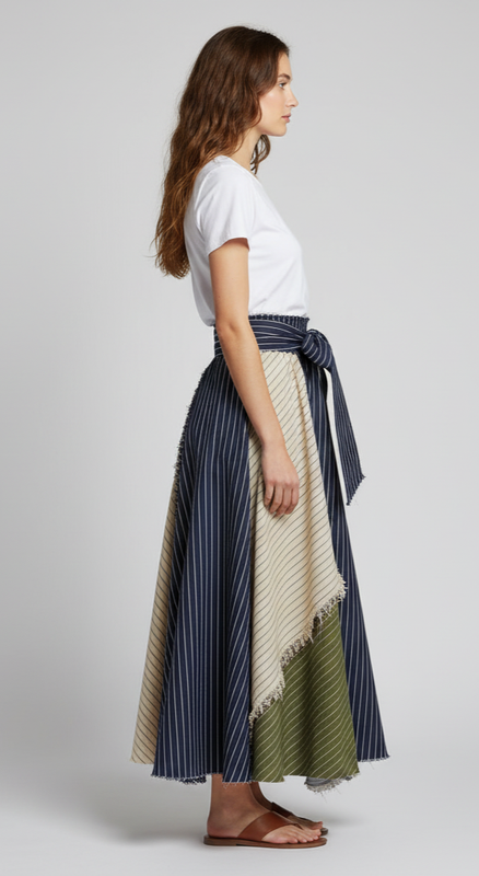 JW ANDERSON Striped Patchwork Long Skirt Beige Navy White Kaki