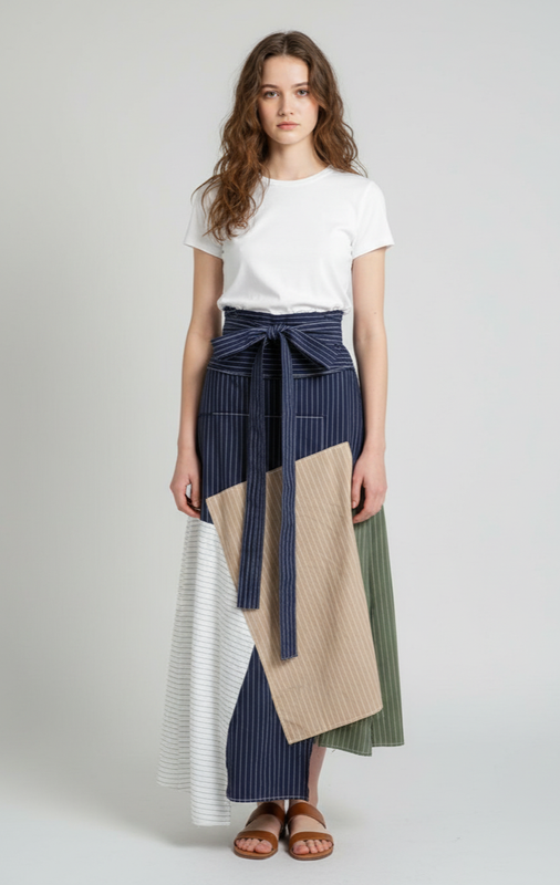 JW ANDERSON Striped Patchwork Long Skirt Beige Navy White Kaki