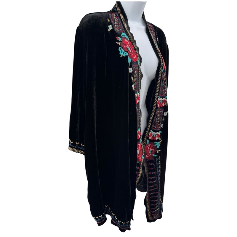 JWLA Johnny Was Black Velvet Embroidered Kimono Jacket Boho Luxe Festival XL