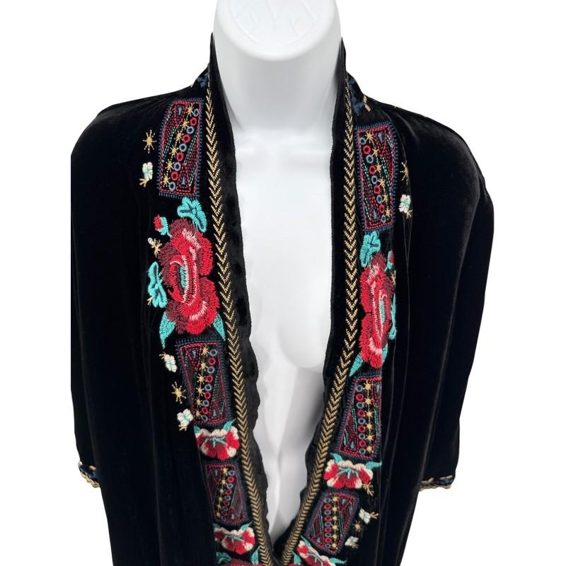 JWLA Johnny Was Black Velvet Embroidered Kimono Jacket Boho Luxe Festival XL