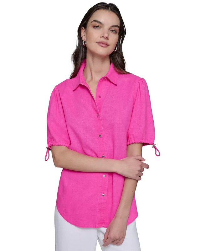 KARL LAGERFELD PARIS Women's Top Sz XS Linen-Blend Bungee-Sleeve
