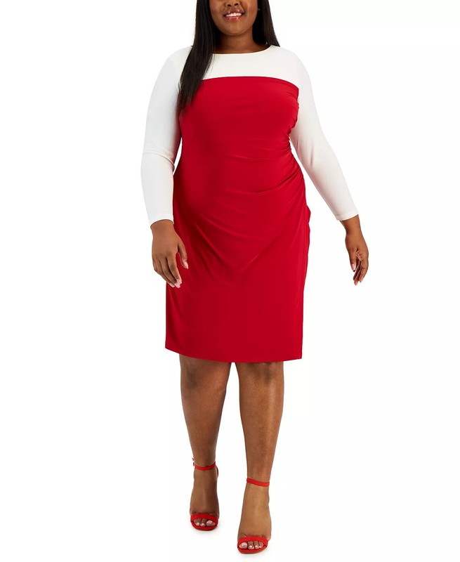 Kasper Plus Size Ginger Colorblocked Shift Dress Red/White