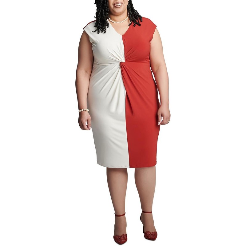 Kasper Womens Red Colorblock Work Wear Back Zipper Midi Dress Plus 1X BHFO 4147
