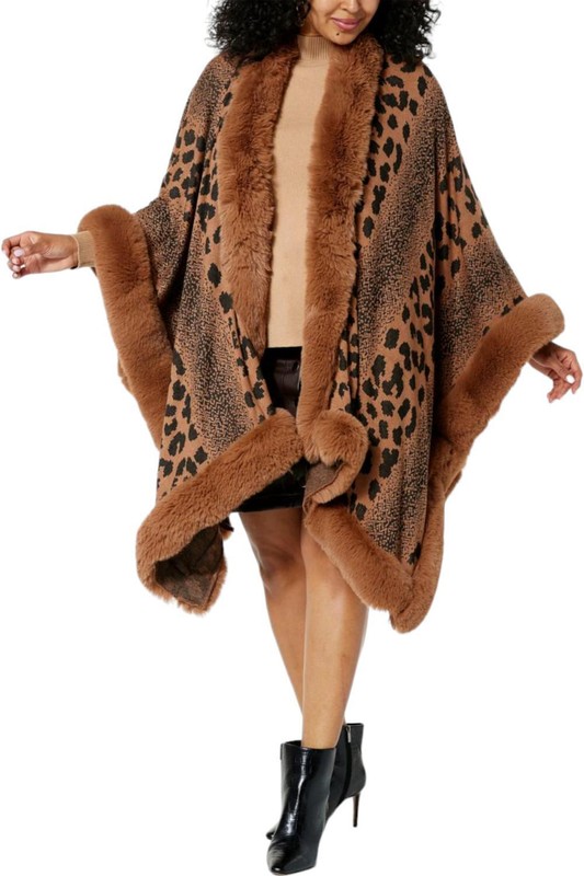 kathy ireland Fashion 360 Safari Skies Faux Fur Trim Cape Brown Combo