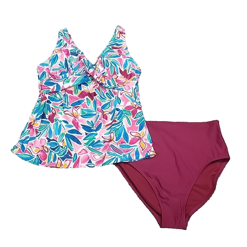 Kathy Ireland Womens 2 Piece Set Swimsuit Printed Tankini w Briefs Large Size