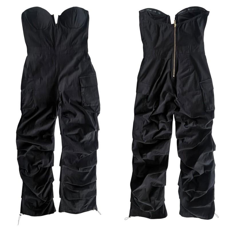 Kaylee Kollection Women L Black Strapless Bustier Wide Leg Pocket Cargo Jumpsuit