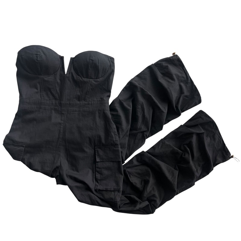 Kaylee Kollection Women L Black Strapless Bustier Wide Leg Pocket Cargo Jumpsuit