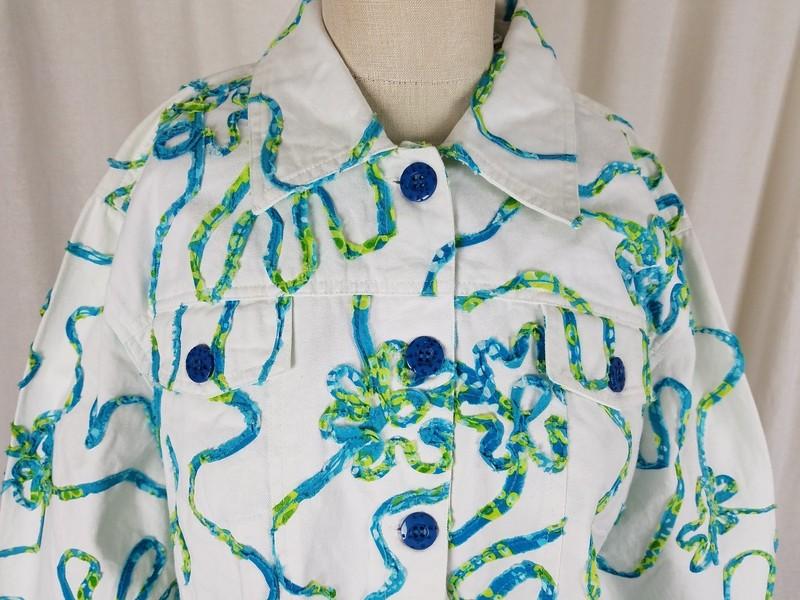 Keren Hart Blue Ribbon Floral White Denim Blue Jean Trucker Jacket Womens 1X