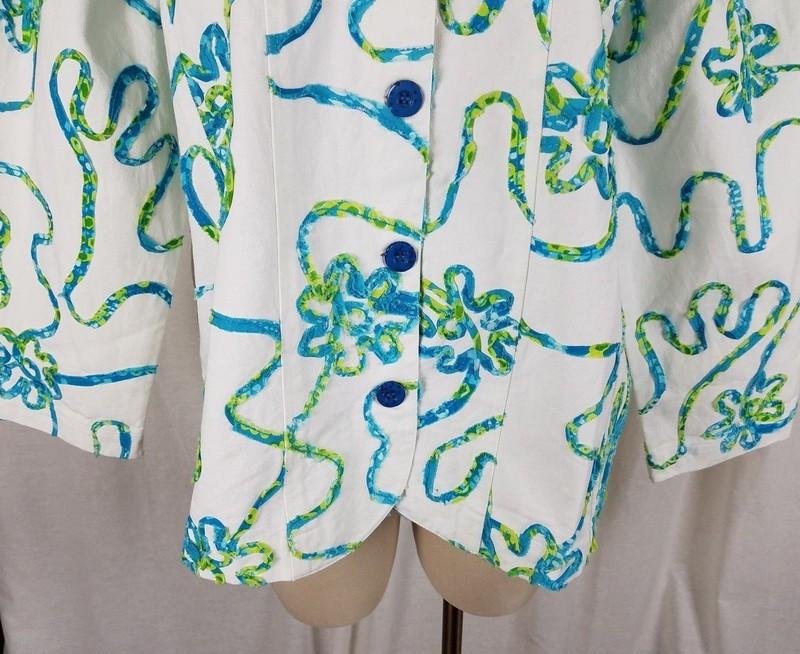 Keren Hart Blue Ribbon Floral White Denim Blue Jean Trucker Jacket Womens 1X