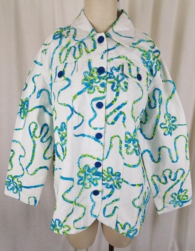 Keren Hart Blue Ribbon Floral White Denim Blue Jean Trucker Jacket Womens 1X