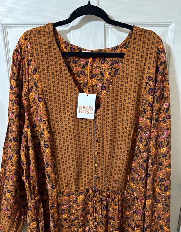 Knox Rose Plus Size 4 X Bohemian Maxi Dress Long Puff Sleeves Button Closure NIP