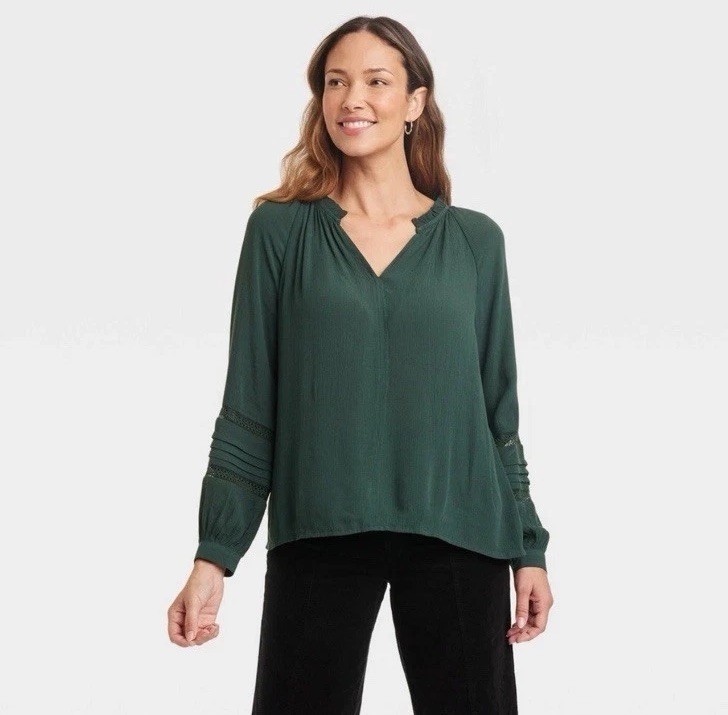 Knox Rose Women’s Large Long Sleeve Lace Blouse Green