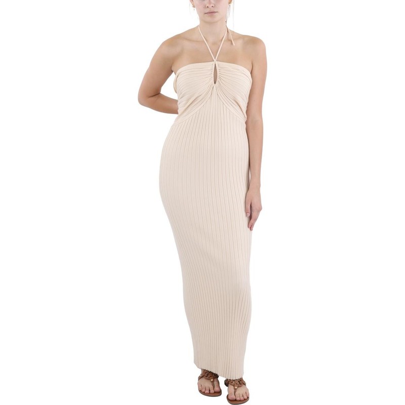 Koko Mason - Knit Rib Maxi Bodycon Halter Dress Women's L Beige