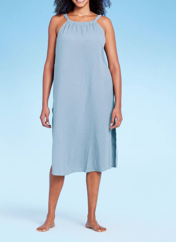 KONA SOL PASTEL BLUE 100% COTTON GAUZE MIDI SUNDRESS COVER-UP DRESS