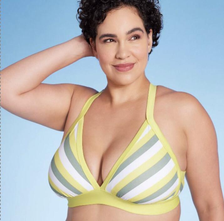 Kona Sol Women's 1X Bikini Top Yellow Gray Stripe Triangle Swim New