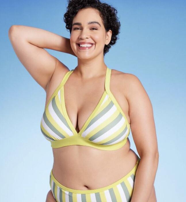 Kona Sol Women's 1X Bikini Top Yellow Gray Stripe Triangle Swim New