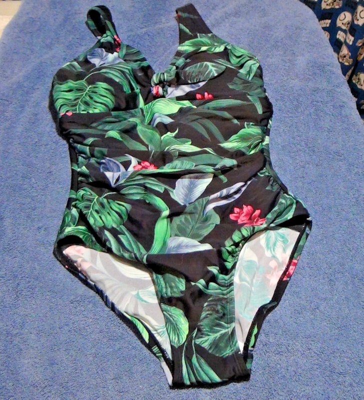 Kona Sol Women's Tummy Control Tie-Front One Piece Swimsuit Black/Green Flora 22