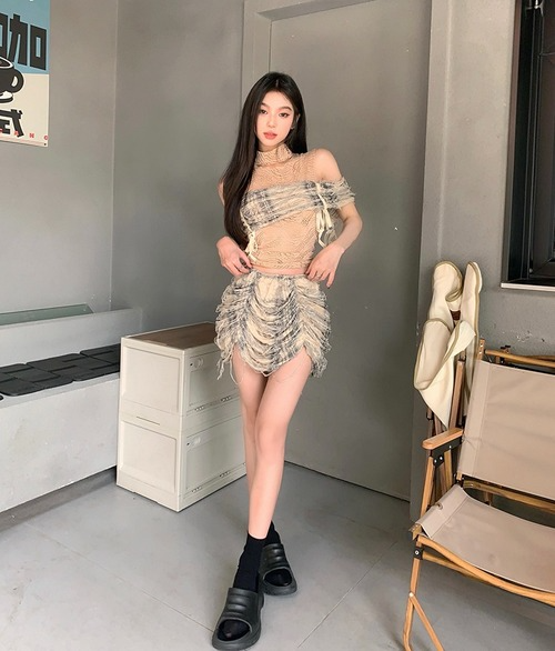 Korean Stitching Top Women's Summer Design Suit Sexy Short Skirt 2-piece Set
