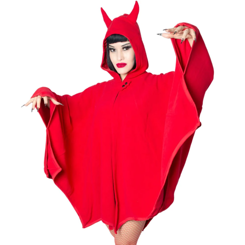 Kreepsville 666 Red Devil Horn Hood Cape Bat Wing Web Fleece Pocket S-L 2XL-4XL