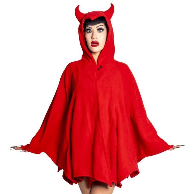Kreepsville 666 Red Devil Horn Hood Cape Bat Wing Web Fleece Pocket S-L 2XL-4XL