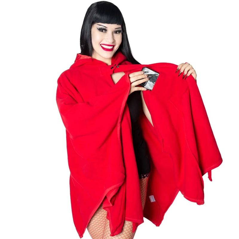 Kreepsville 666 Red Devil Horn Hood Cape Bat Wing Web Fleece Pocket S-L 2XL-4XL