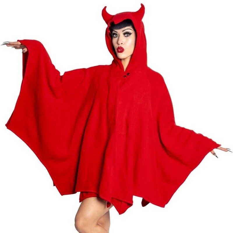 Kreepsville 666 Red Devil Horn Hood Cape Bat Wing Web Fleece Pocket S-L 2XL-4XL