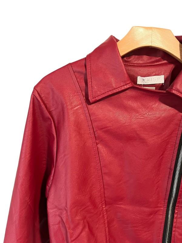 KRISP London Womens Red Faux Leather Cropped Moto Jacket Full Zip Small NEW
