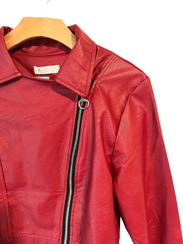 KRISP London Womens Red Faux Leather Cropped Moto Jacket Full Zip Small NEW