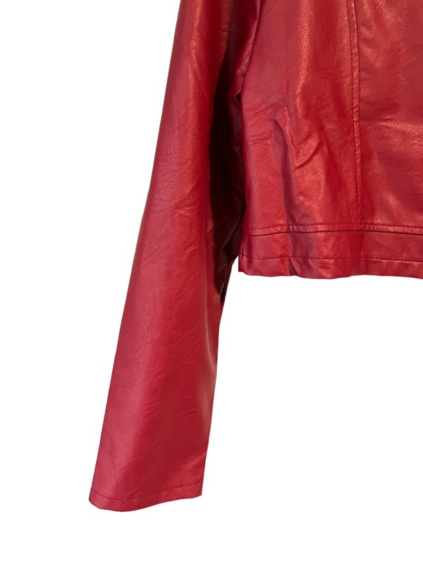 KRISP London Womens Red Faux Leather Cropped Moto Jacket Full Zip Small NEW