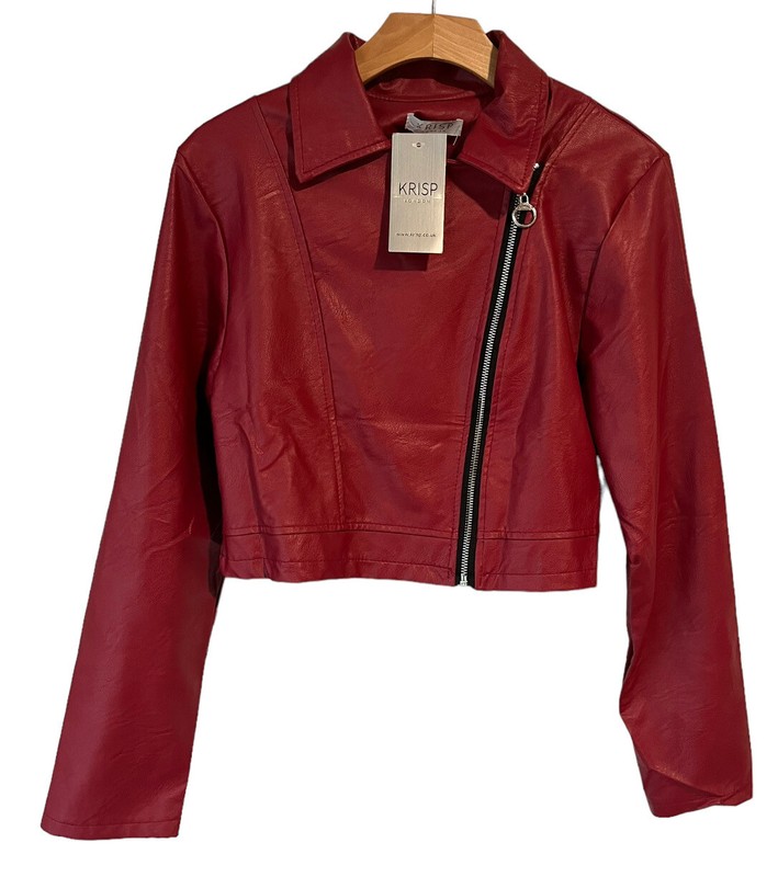 KRISP London Womens Red Faux Leather Cropped Moto Jacket Full Zip Small NEW