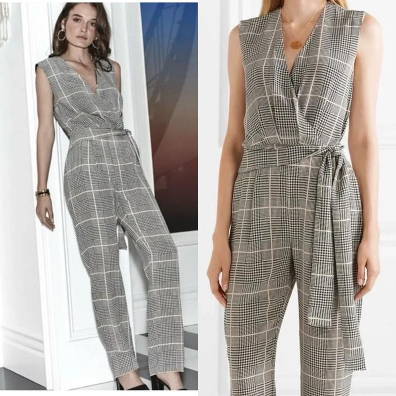 L'AGENCE Julia Plaid Jumpsuit In Black Multi Sleeveless 100% Silk Sz 6